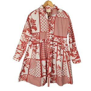 Maeve Shirt Dress Medium Red White Floral Patchwork Mini Long Sleeve Relaxed Fit